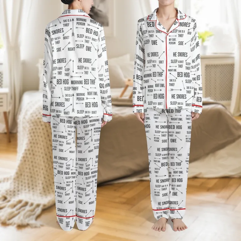 Couples Personalized Matching Pajamas: Quirky Sleep Habit Typographic His & Her Set Satin Pajamas Set - 1