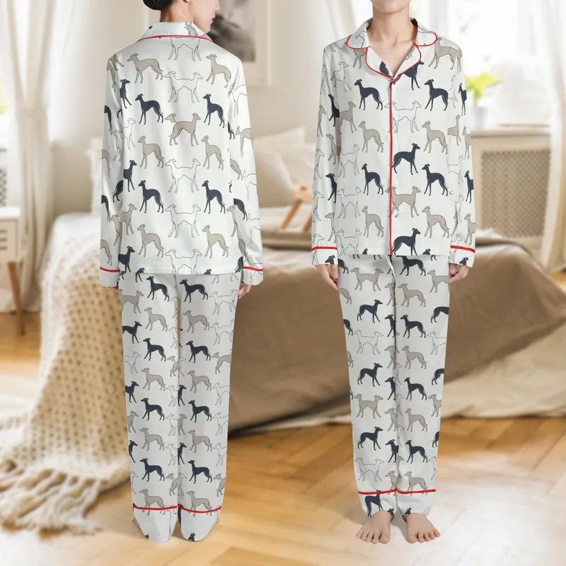 Greyhound Whippet Galgo: Minimalist Italian Greyhound Pattern Bamboo Stretch Bodysuit Satin Pajamas Set - 1
