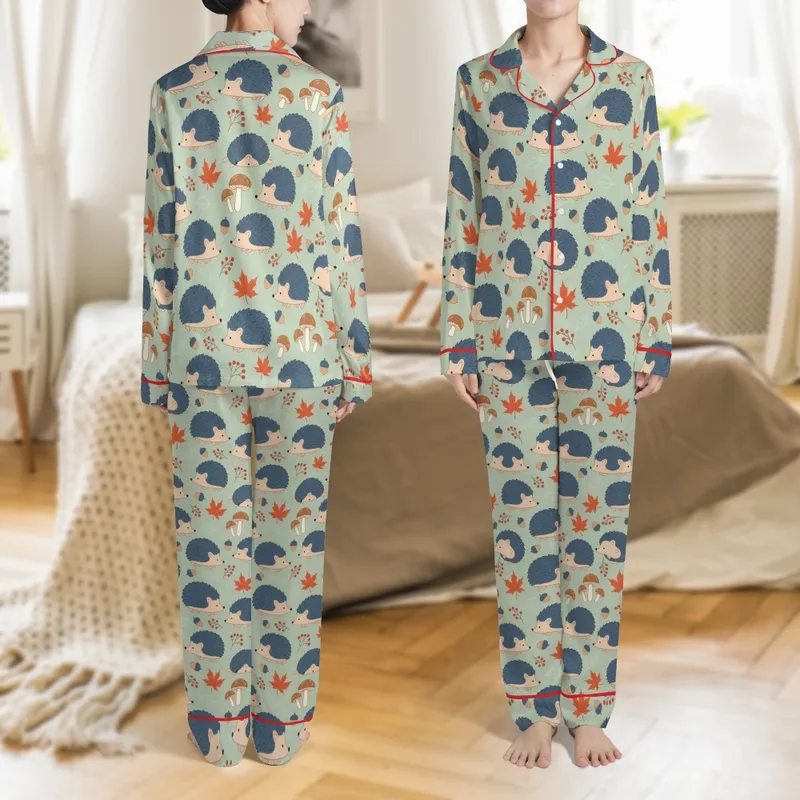 Adult Unisex Custom Face Pajamas: Cute Hedgehog Autumn Woodland Print - Soft Stretch Sleepwear Satin Pajamas Set - 1