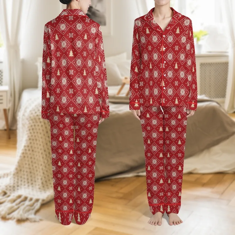 Greyhound Whippet Galgo Dog Fair Isle Christmas Red Geometric Zip Fleece Pajamas Satin Pajamas Set - 1