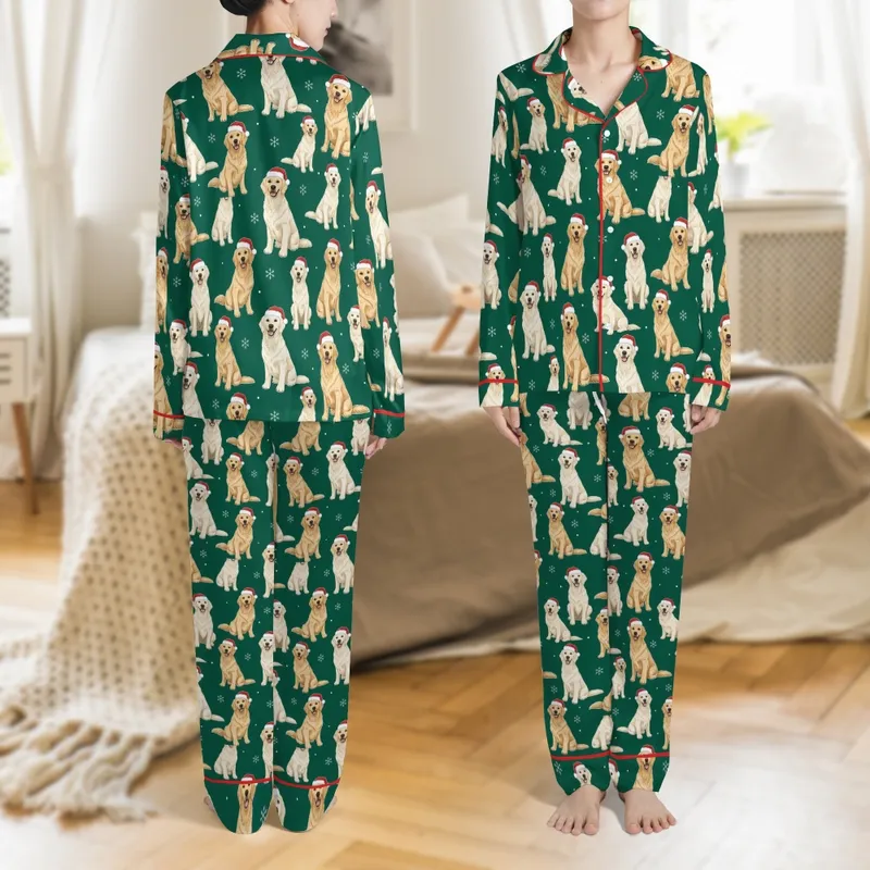 Dog Lover's Christmas Satin Pajamas: Photorealistic Golden Retriever & Santa Hat Emerald Sleep Set Satin Pajamas Set - 1