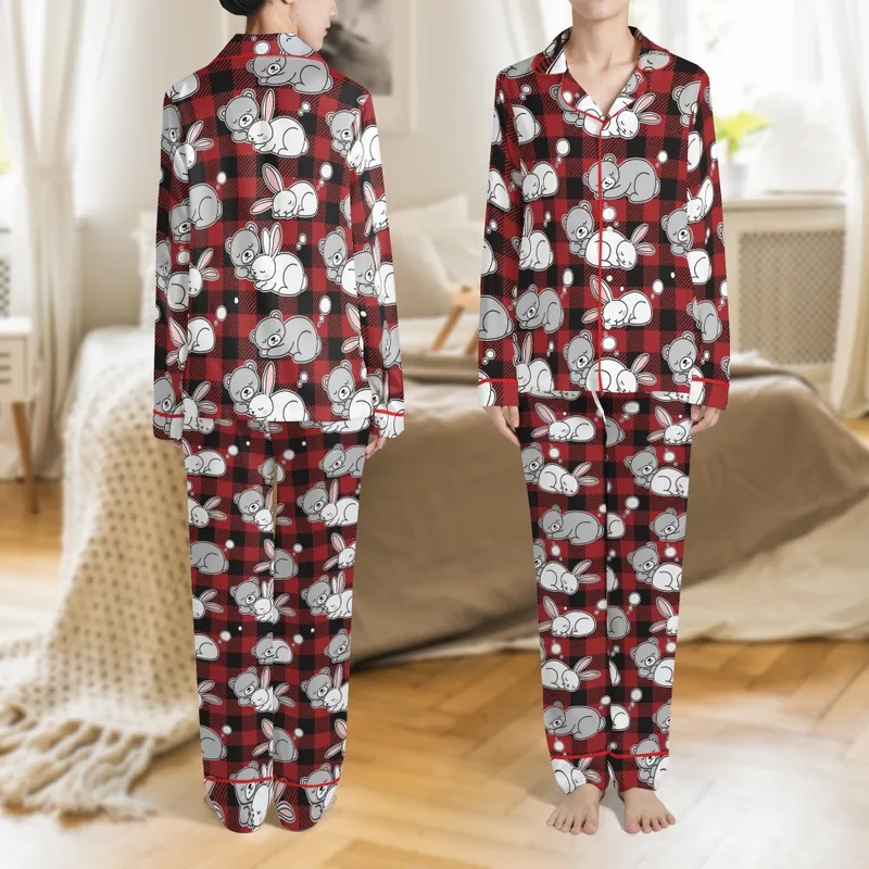 Women's Digital Pajama Sewing Pattern: Buffalo Plaid Bunny Bear Loungewear & Sleepwear Satin Pajamas Set - 1