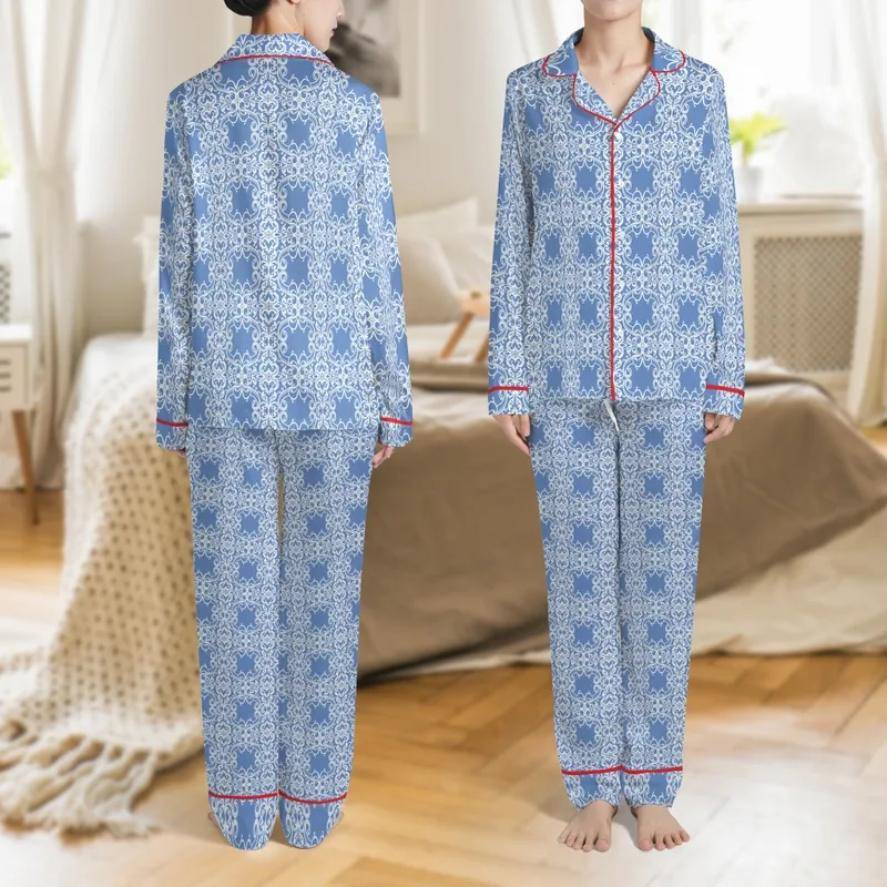 Matching Family & Bridesmaid Rayon Sleepwear: Periwinkle Damask All-Over Print Ensemble Satin Pajamas Set - 1