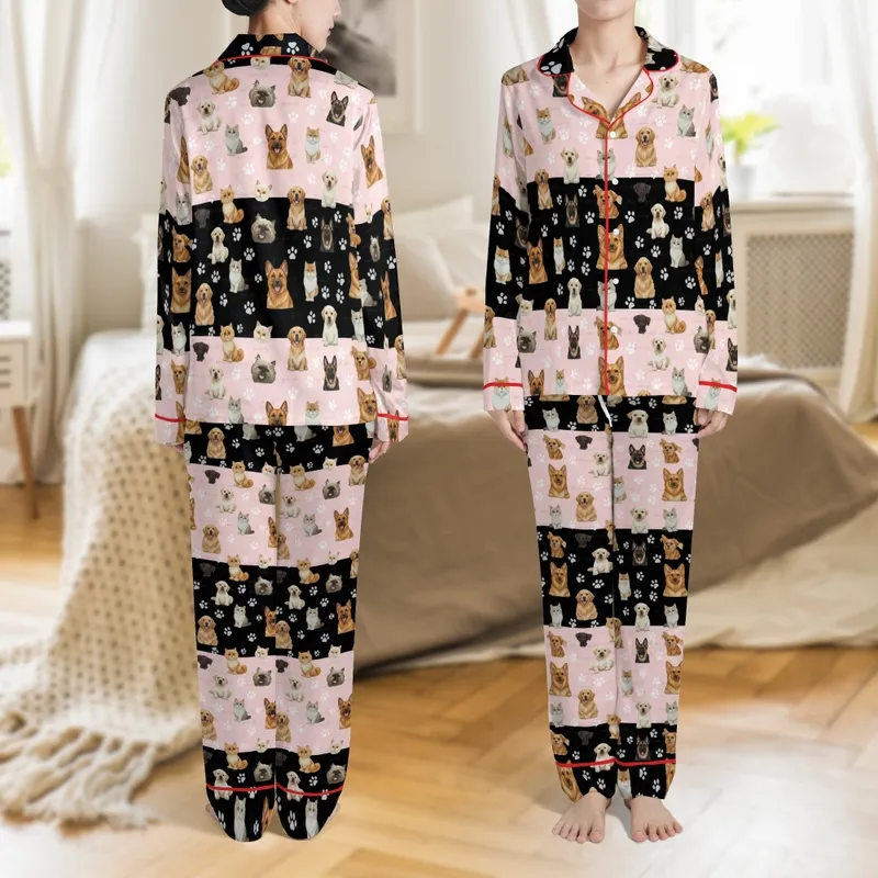 Your Pet's Photo Flannel Pajama Pants: Personalized Realistic Dog & Cat Faces & Paw Prints Satin Pajamas Set - 1