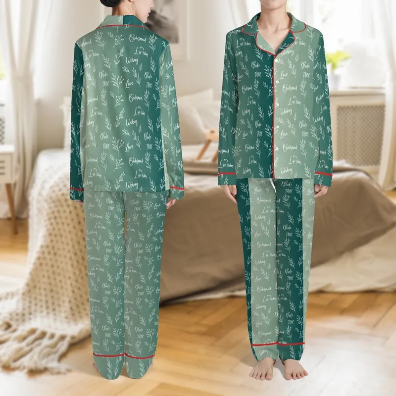 Bridal Party Sage Green Botanical Script Satin Sleep Set: 'Bridesmaid' Leaf Pattern Loungewear Satin Pajamas Set - 1