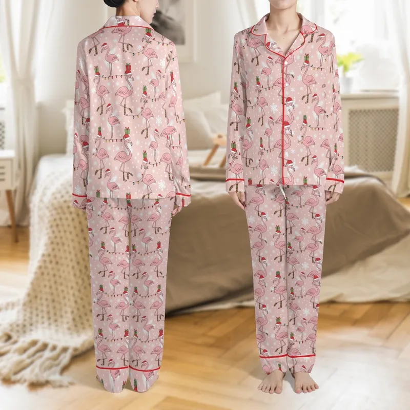 Women's Whimsical Pink Flamingo Christmas Sleep Set: Santa Hat & String Light Holiday Pattern Satin Pajamas Set - 1