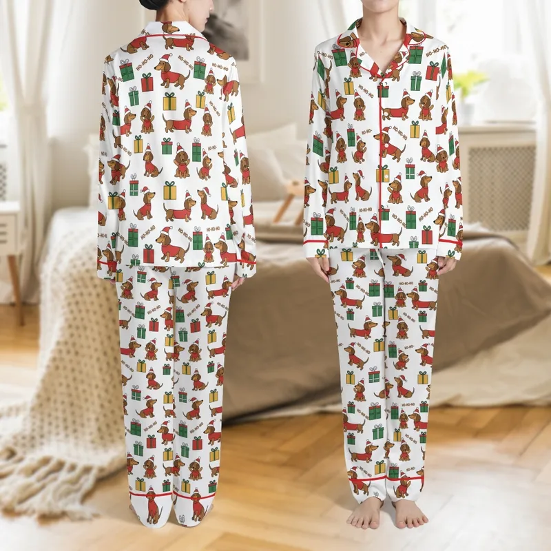 Family Christmas Loungewear: Whimsical Dachshund Santa & Gift Pattern Satin Pajamas Set - 1
