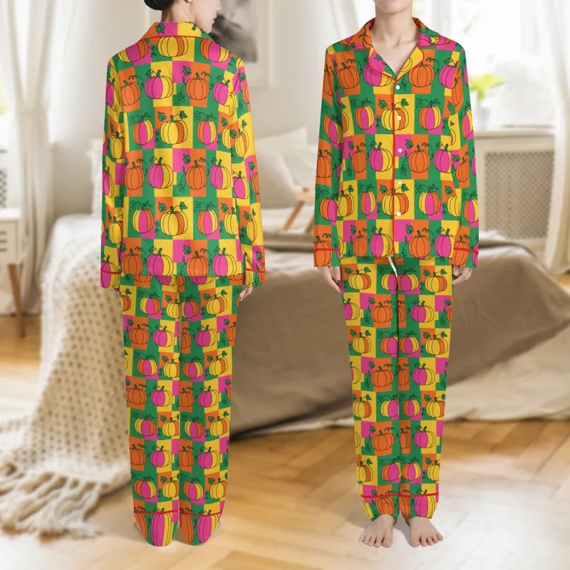 Greyhound, Whippet & Italian Greyhound Fleece Pajamas: Cheerful Pumpkin & Autumn Leaf Print Satin Pajamas Set - 1