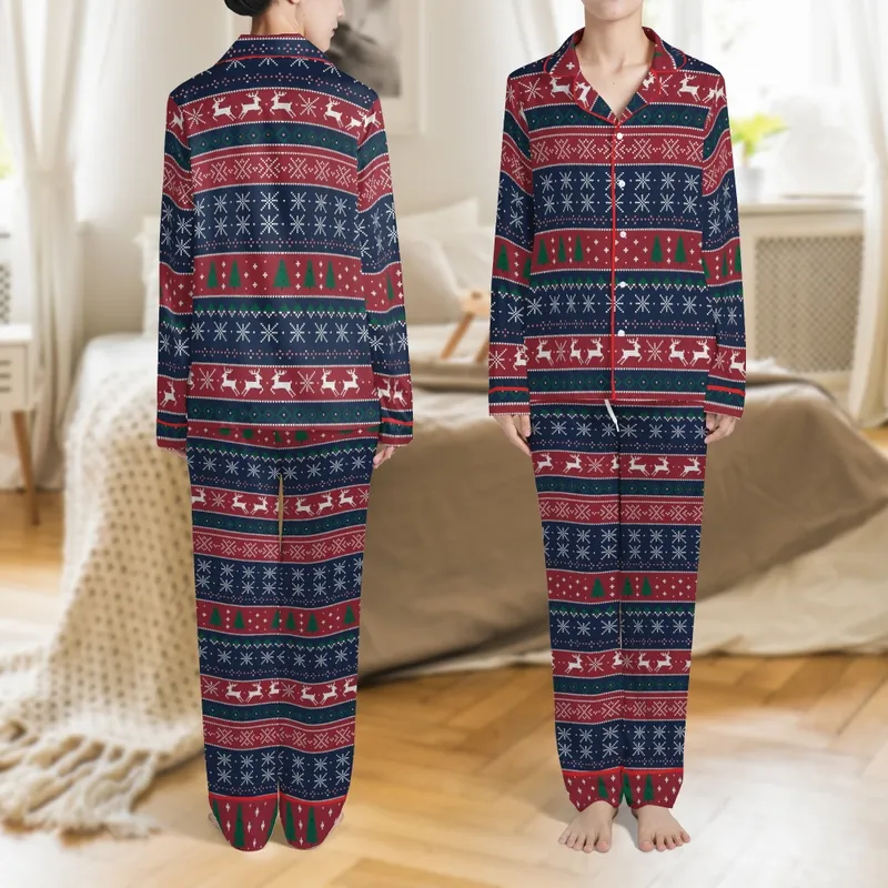 Personalized Dog Sleep Set: Rustic Fair Isle Christmas Deer & Tree Pattern - Cozy Polyester Satin Pajamas Set - 1