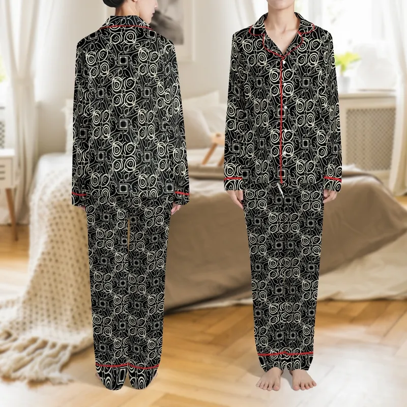 Women's Personalized Satin Long Sleep Set: Elegant Calligraphic Script Black & Off-White Design Satin Pajamas Set - 1