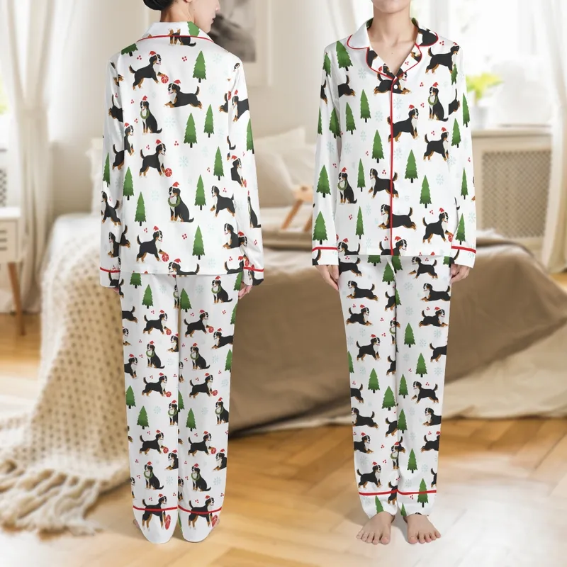 Women's Bernese Mountain Dog Christmas Pajamas Set: Cozy Illustrative Wreath & Santa Hat Print Satin Pajamas Set - 1