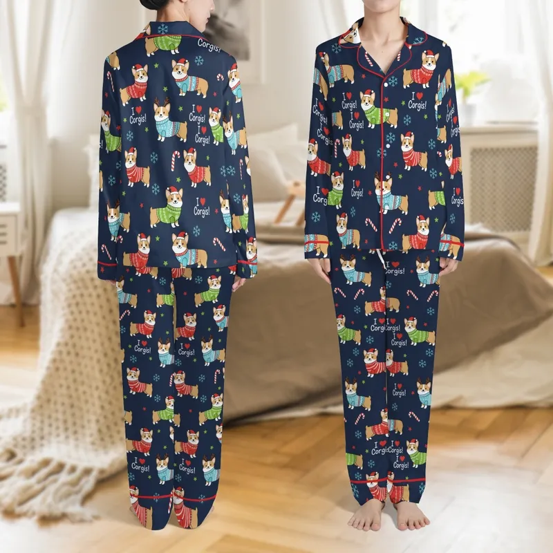 Family Matching Corgi Christmas Sleep Set: Festive Cartoon Dogs, Santa Hats, Candy Canes & 'I ♥ Corgis!' Pattern Satin Pajamas Set - 1