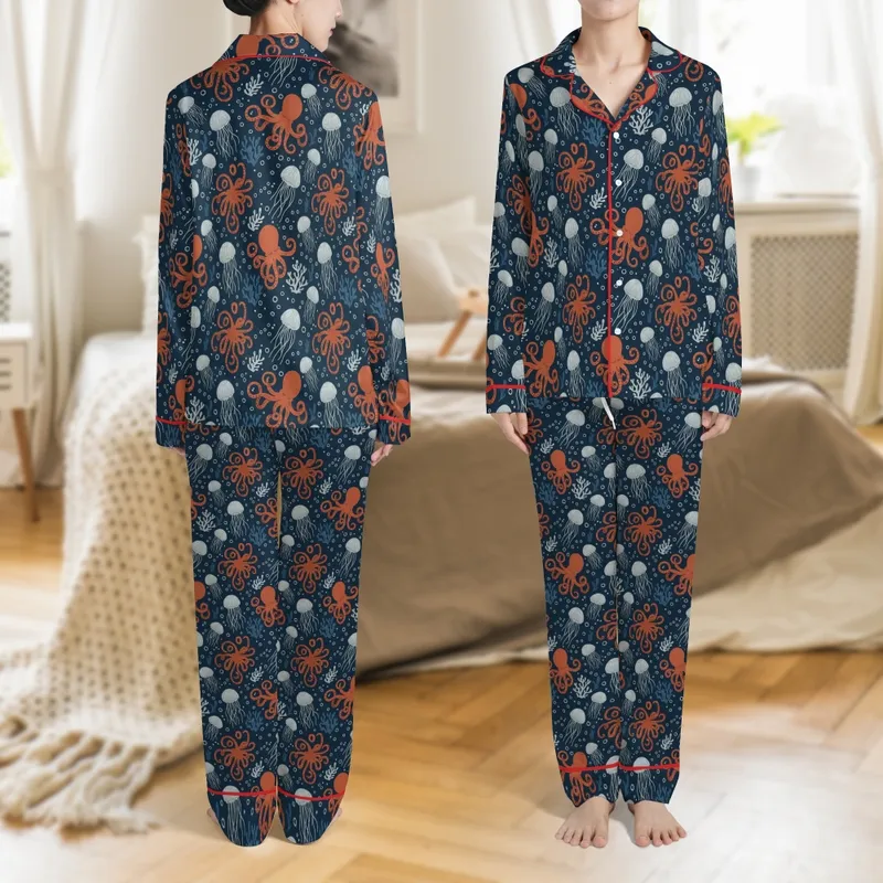 Women's Ocean Octopus Pajamas: Vintage Marine Life Print - Polyester Spandex Sleep Set Satin Pajamas Set - 1