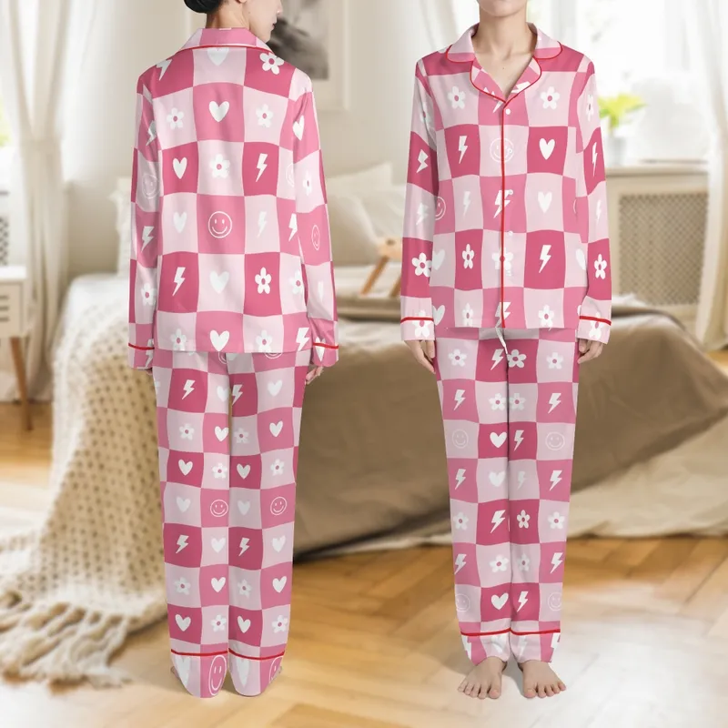 Children's Playful Pink Checkerboard Pajamas: Wavy Design with Faces, Hearts & Lightning Satin Pajamas Set - 1