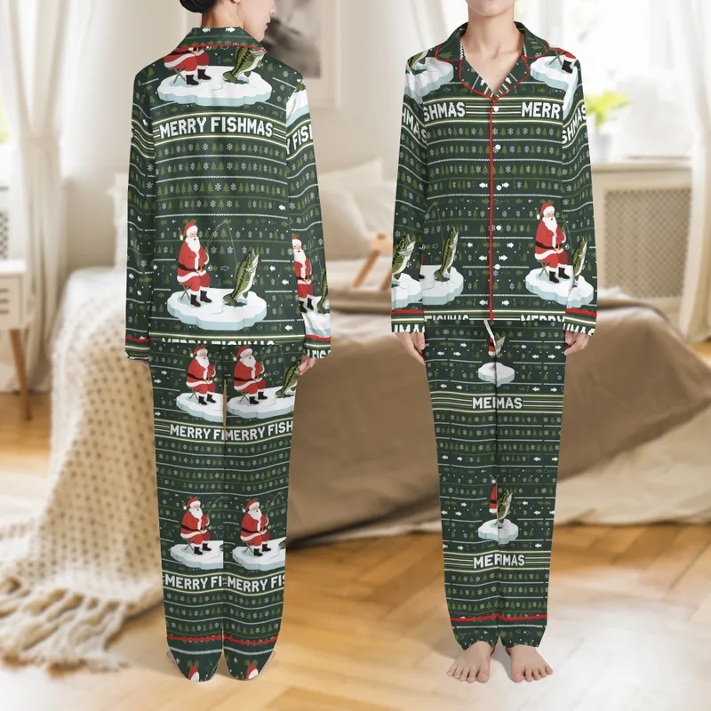 Bass Fisherman Family: Santa Ice Fishing Largemouth Bass 'Merry Fishmas' Poly-Spandex Sleep Set Satin Pajamas Set - 1