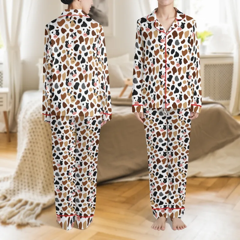 Women's & Family Playful Cow Print Pajamas: Organic Spot & Moo Face Silky Sleep Set Satin Pajamas Set - 1
