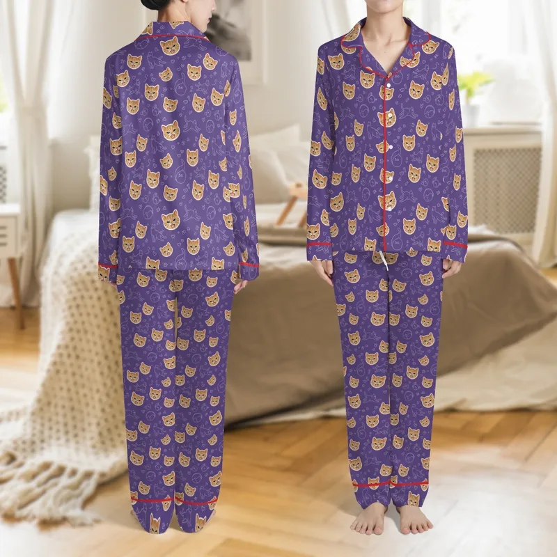 Custom Family Cat Photo Pajamas: Playful Lavender Kitten Face Print - Cozy Spandex Sleepwear Satin Pajamas Set - 1