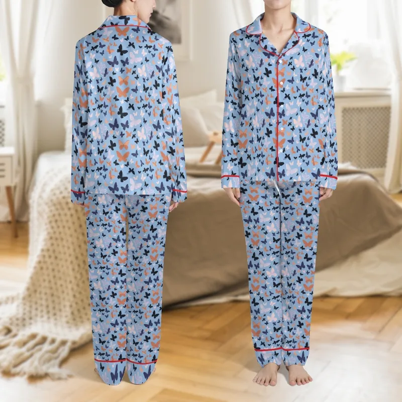 Women's Delicate Butterfly Swarm Pastel Silk Pajama Set: Sky Blue Sleepwear Satin Pajamas Set - 1