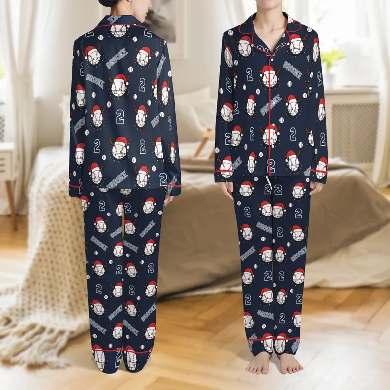 Custom Family Baseball Christmas Lounge Sets: Personalized Name & Number Santa Hat Reindeer Lights Pattern for All Sizes Satin Pajamas Set - 1