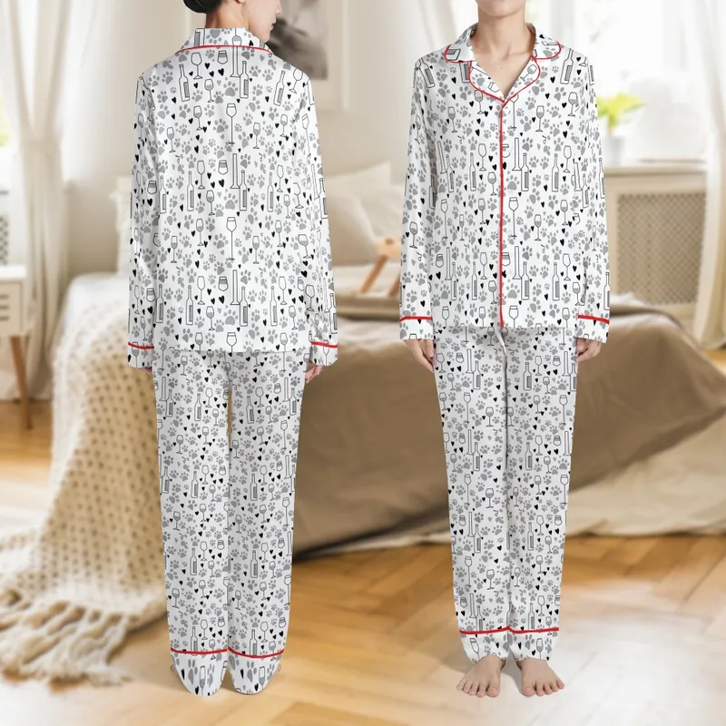 Women's Dog & Wine Lover: Playful Paw Print & Wine Glass Pattern Cozy Loungewear Satin Pajamas Set - 1
