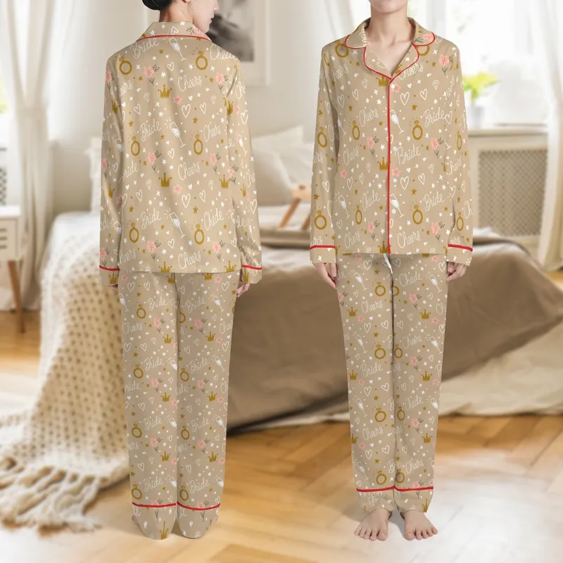 Personalized Bridal Party Satin Pajamas: Custom Name 'Bride & Cheers' Pattern Sleep Set Satin Pajamas Set - 1