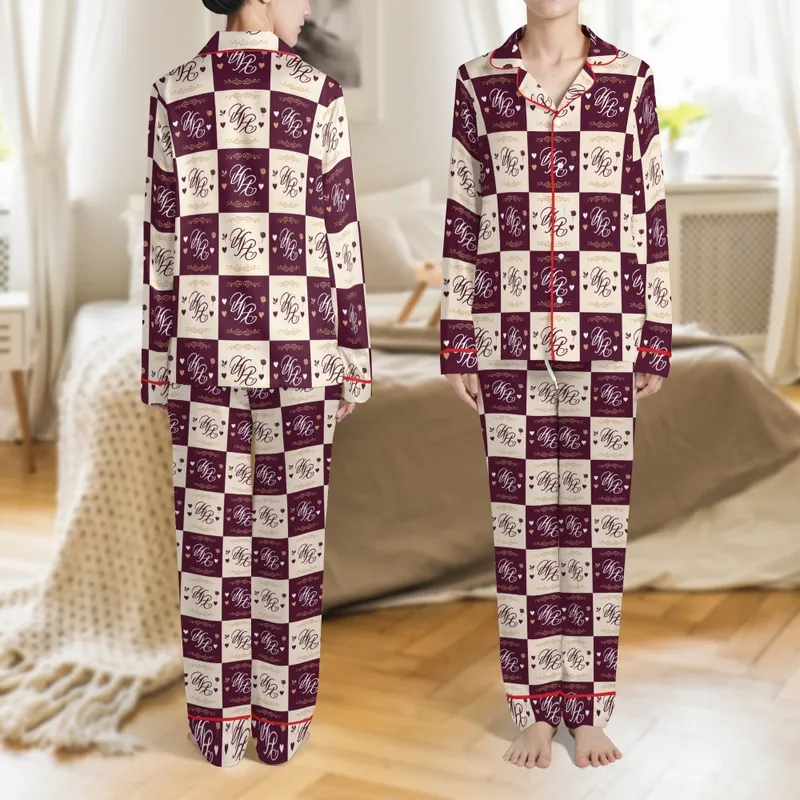 Women's Personalized Gift: Elegant Script Initial Monogram Rose Heart Pattern Rayon Cotton Sleep Set Satin Pajamas Set - 1