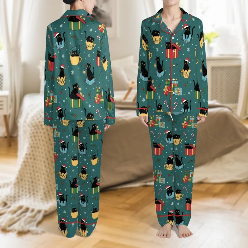 Cat Lover's Teal Black Cat Christmas Pajama Set: Whimsical Santa Hat, Light & Gift Pattern Satin Pajamas Set - 1