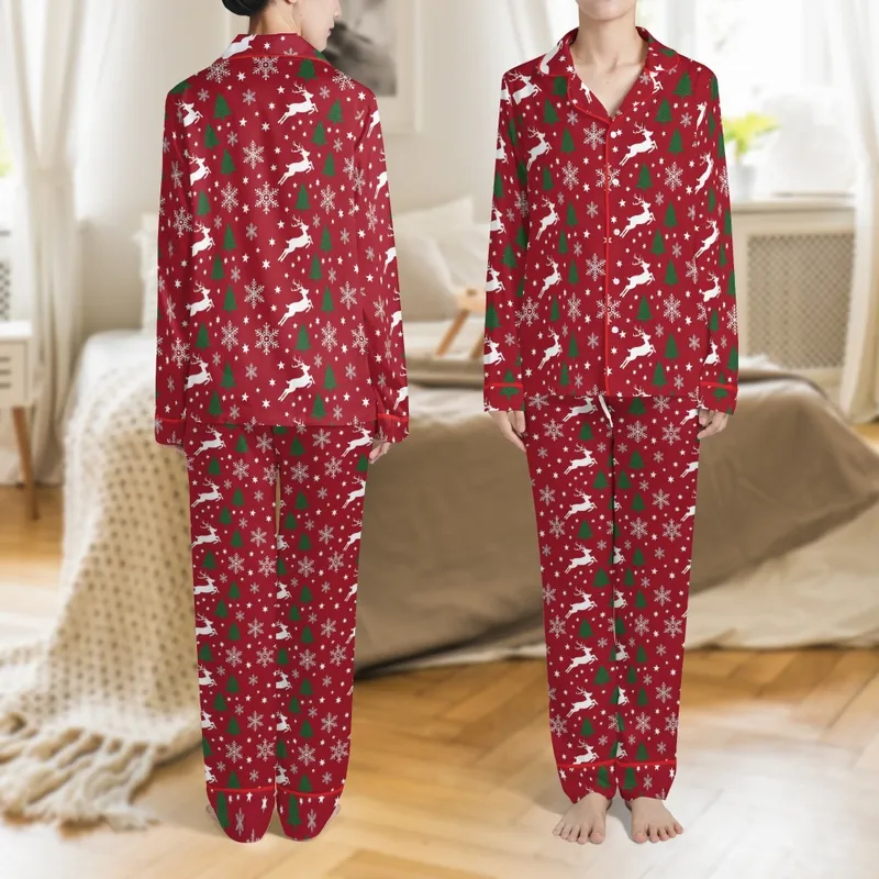 Women's Red Reindeer Snowflake Christmas Tree One-Piece Pajamas Satin Pajamas Set - e2ffhqvyv3