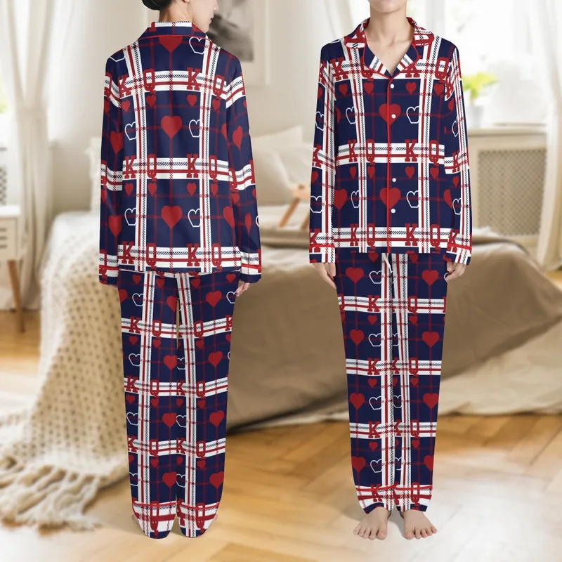 Couples' King Queen Heart Plaid Pattern Cotton Flannel Sleep Set Satin Pajamas Set - 1