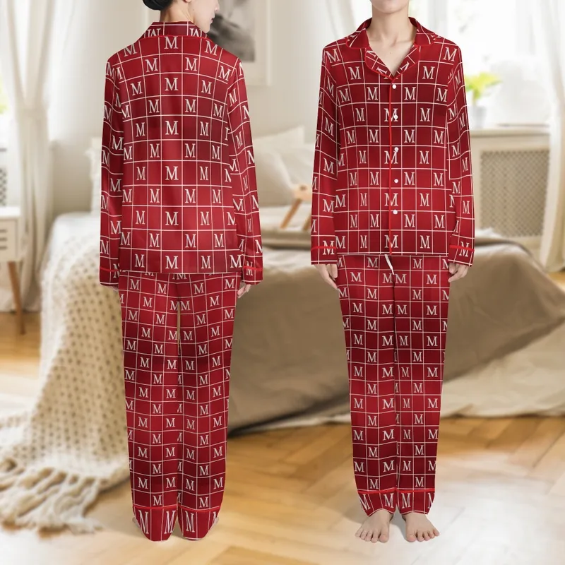 Family Christmas Elegant White Initial Monogram Pinstripe Ruby Red Satin Sleep Set Satin Pajamas Set - 1