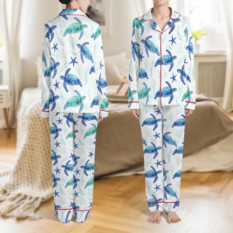 Women's Vibrant Blue Sea Turtle & Starfish Satin Sleep Set Satin Pajamas Set - 1
