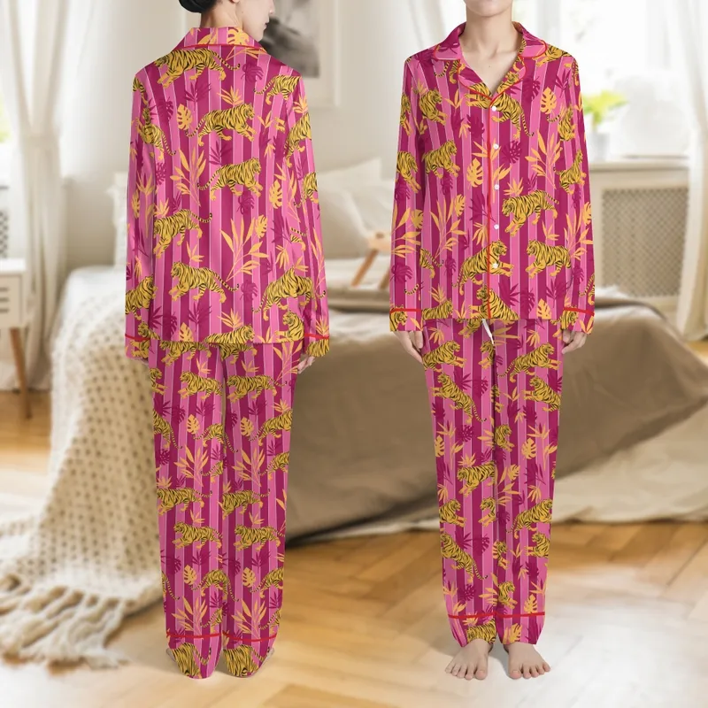 Women's Hot Pink Tiger Safari Block Print Cotton Sleep Set - Bridesmaid Loungewear Satin Pajamas Set - 1