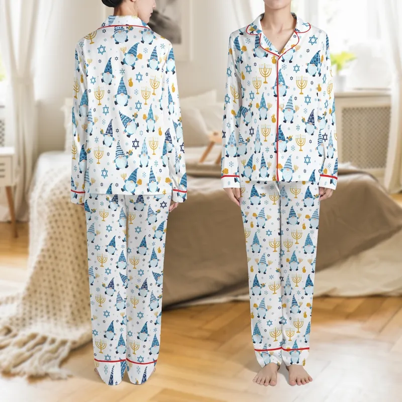 Hanukkah Gnomes Family Sleep Set: Whimsical Menorah & Dreidel Long Sleeve Two-Piece Loungewear Satin Pajamas Set - 1