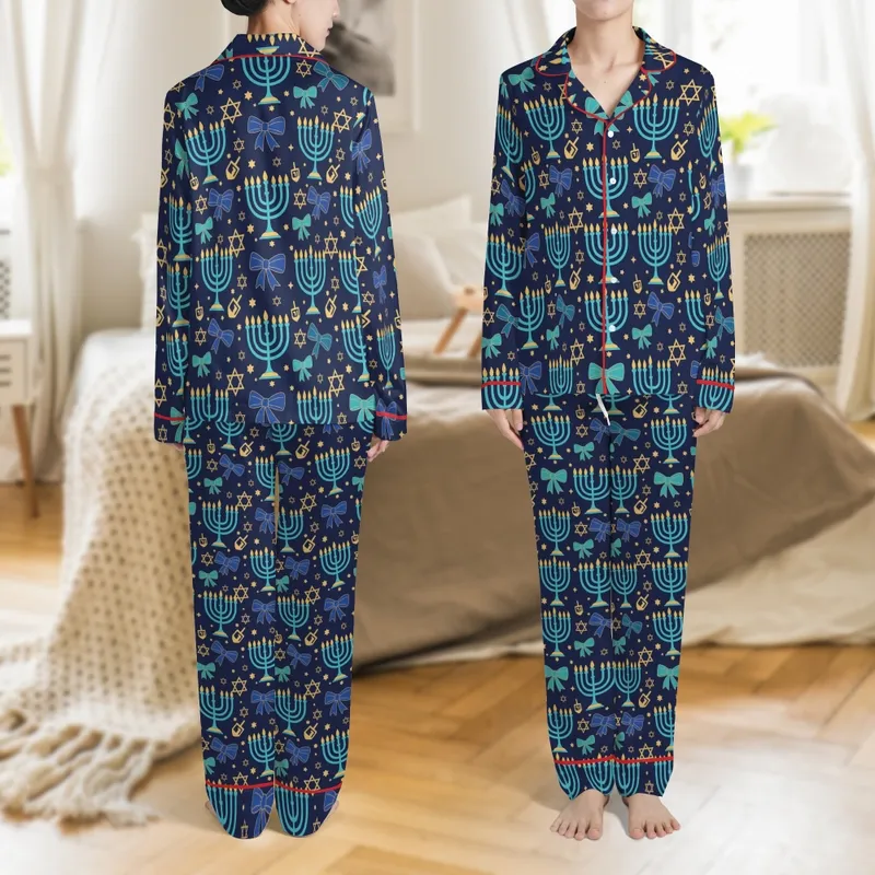 Personalized Hanukkah Sleep Set: Custom Name Coquette Bow Menorah Dreidel Pattern - Indigo Blue & Gold Art Satin Pajamas Set - 1
