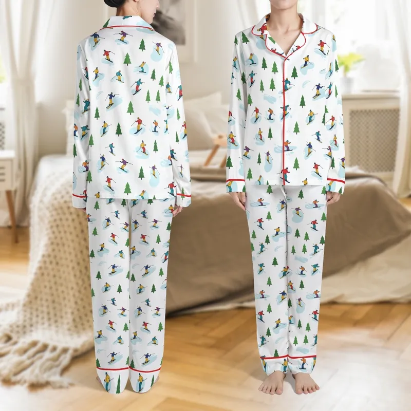 Men's Family Matching Vibrant Skier Snowboarder Winter Scene Polyester Lounge Sleep Trousers with Pockets Satin Pajamas Set - 1