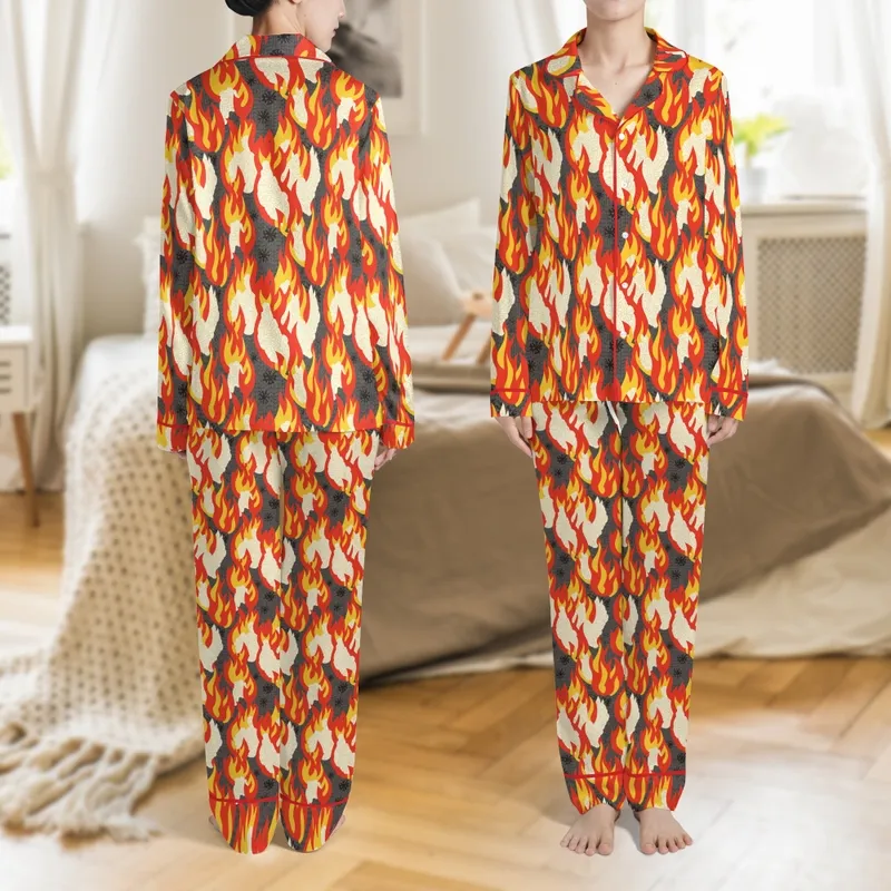Vibrant Flame Wool Knit Snowflake Pattern - Cozy Fall Winter Aesthetic Satin Pajamas Set - 1