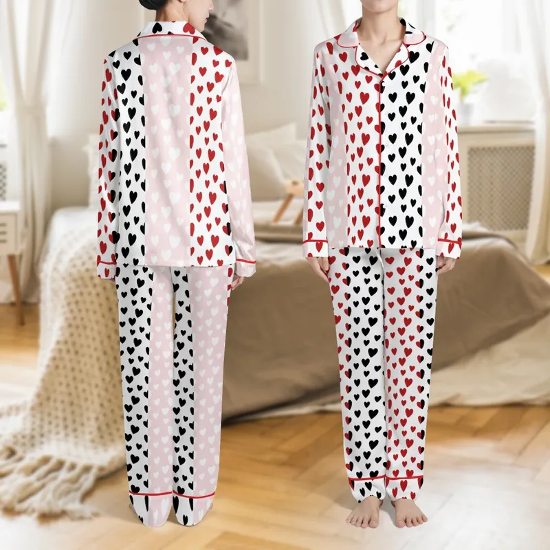 Women's Soft Polyester Pajamas: Playful Scattered Heart Print - 3pc Long Pants Sleep Set Satin Pajamas Set - 1