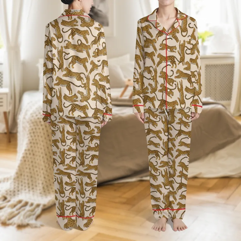 Women's Luxurious Leopard Print Pajama Set: Hand-Drawn Golden-Brown All-Over Pattern Satin Pajamas Set - 1