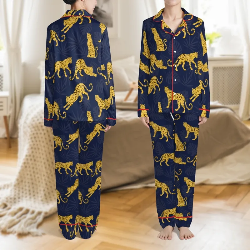 Youth Golden Leopard Jungle Print: Dynamic Navy Tropical Pajama Set Satin Pajamas Set - 1