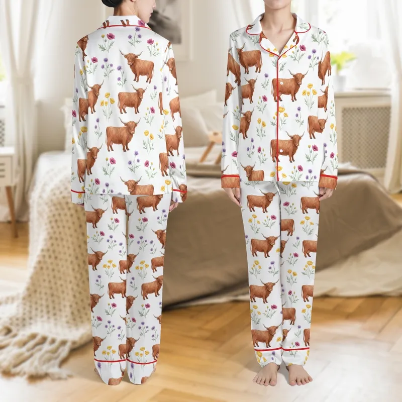 Women's Watercolor Highland Cow & Wildflower Button-Front Pajamas Satin Pajamas Set - 1