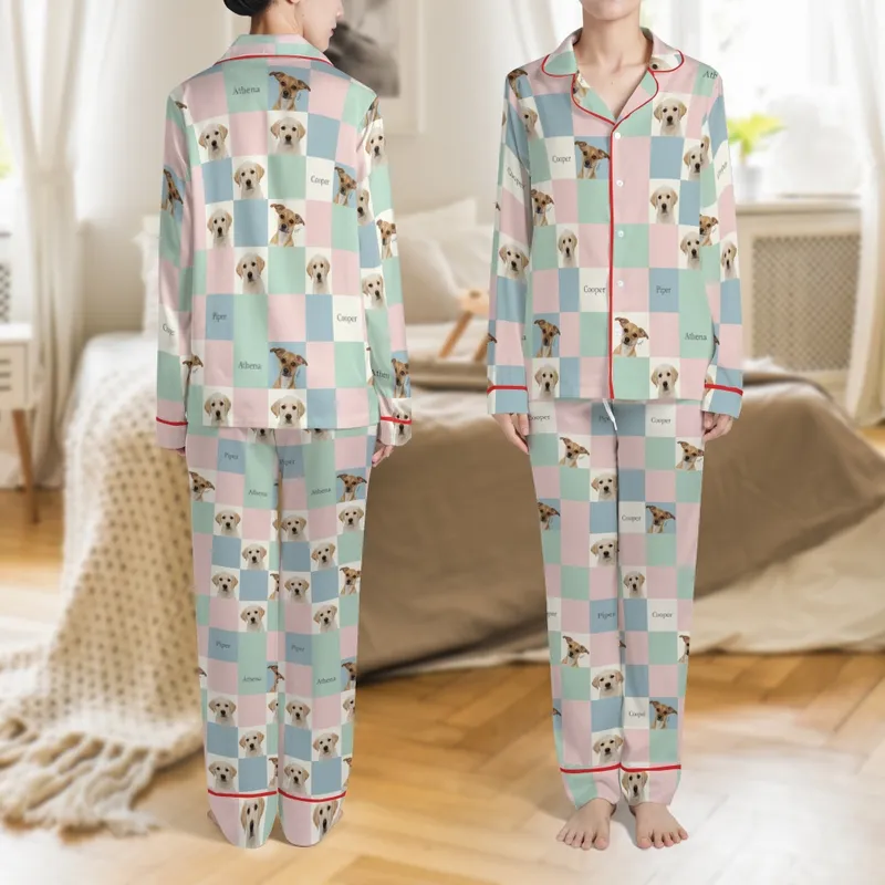 Dog Lovers' Soft Pastel Pink Blue Mint Green Checkerboard Labrador Puppy & Chihuahua Portraits with Names Satin Pajamas Set - 1
