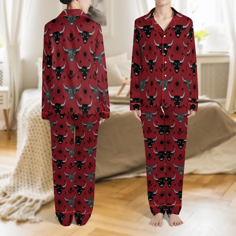 Men's Highland Cow Sleepwear: Red Bull Print & Thistle Pattern - All-Over Farm Animal Lounge Garment Satin Pajamas Set - 1