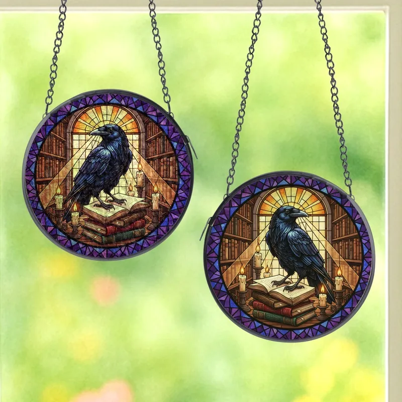 Dark Academia Fans' Tiffany Stained Glass Raven Books Library Amber Violet Sapphire Mosaic Pattern Stained Glass Suncatcher - 1