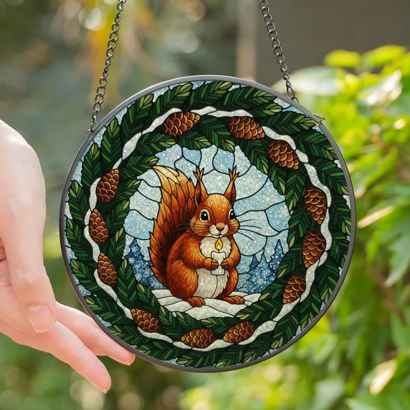 Winter Nature Lovers' Intricate Stained Glass Red Squirrel Snow Candle Wreath Mosaic Jewel Tones Stained Glass Suncatcher - xdX7Ci-GwT