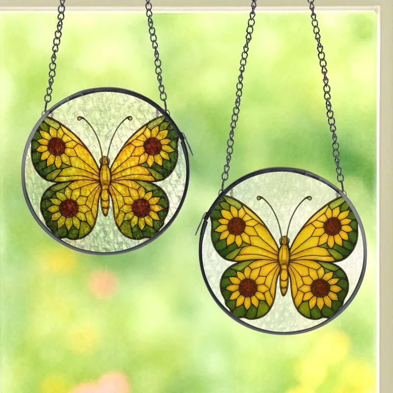 Nature Lovers' Tiffany Stained Glass Butterfly Ornate Sunflower Luminous Yellow Golden Emerald Green Design Stained Glass Suncatcher - 1