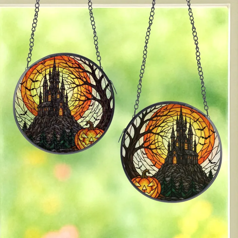 Halloween Enthusiasts' Intricate Stained Glass Glowing Pumpkin Gothic Castle Orange Amber Green Stained Glass Suncatcher - 1