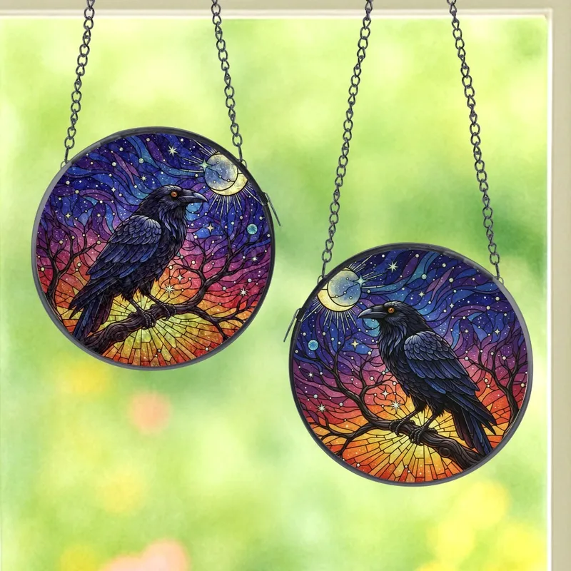 Nature Lovers' Majestic Raven Crescent Moon Tiffany Stained Glass Jewel Tone Design Stained Glass Suncatcher - 1