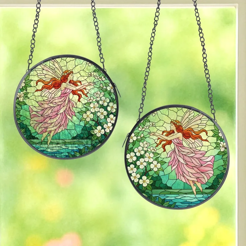 Women's Enchanted Stained Glass Fairy Jewel Tone Pink Red-Orange Green Teal Nature Mosaic Stained Glass Suncatcher - 1