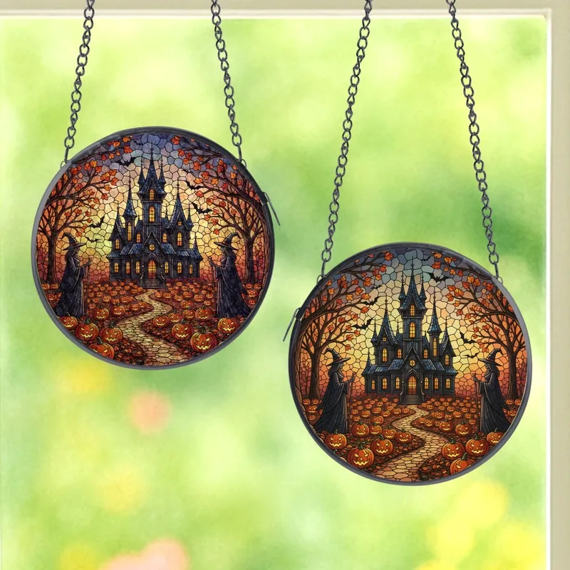 Halloween Enthusiasts' Intricate Stained Glass Gothic Haunted Mansion Witches Bats Autumn Twilight Jewel Tones Art Stained Glass Suncatcher - 1
