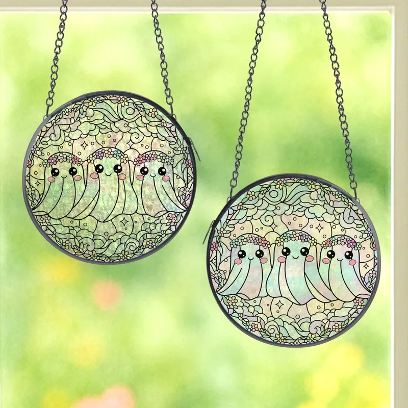 Kawaii Art Lovers' Dreamy Iridescent Ghosts Tiffany Stained Glass Pastel Floral Mosaic Stained Glass Suncatcher - 1